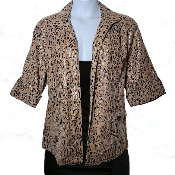 LINEAR Leopard Print Metallic Gold Crop Sleeve Open Front Stylish Jacket - Picture 1 of 8